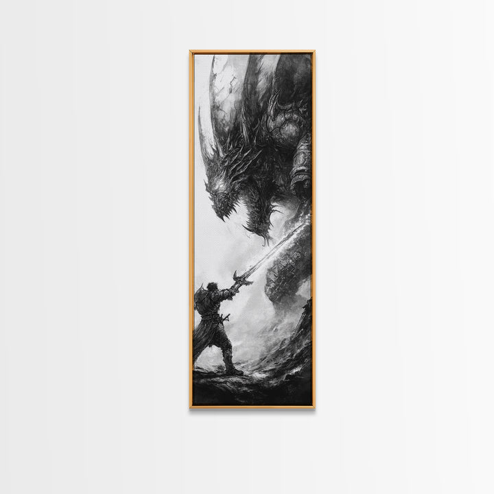 Warrior Facing Massive Dragon In Black And White, Dark Fantasy Wall Art, Gothic Canvas Print, Epic Monster Decor Gift For Him