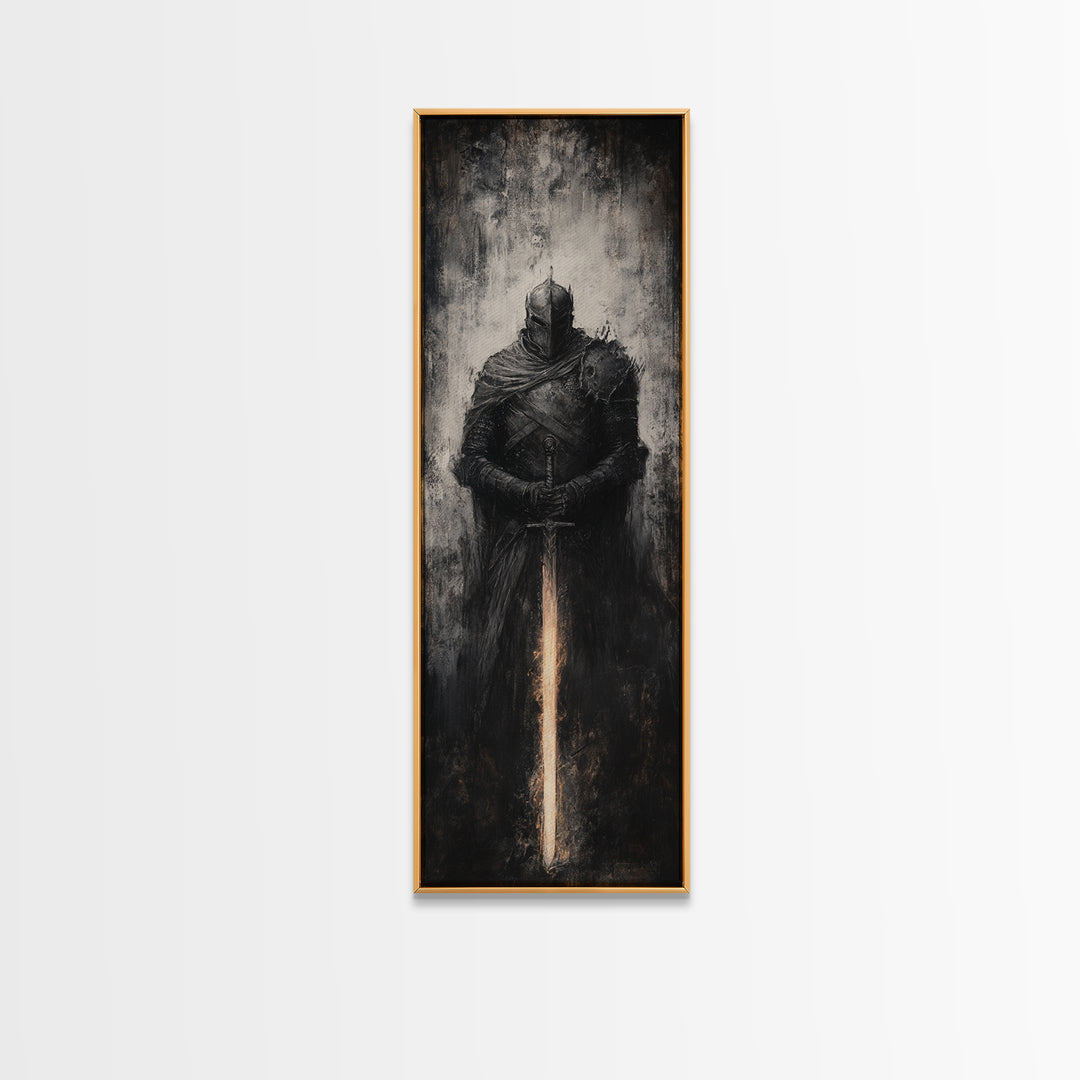 Dark Armored Knight With Glowing Sword Wall Art, Gothic Fantasy Canvas Print, Medieval Warrior Decor For Man Cave Office Decor