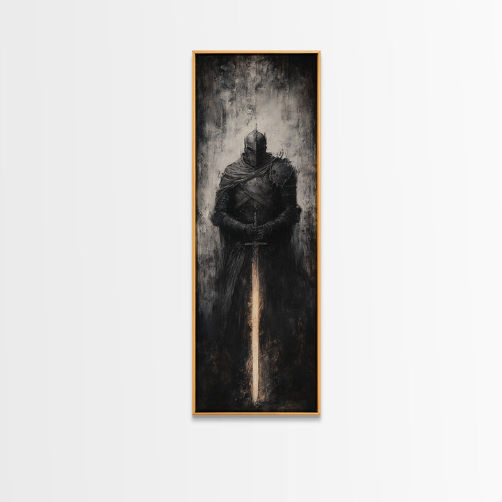 Dark Armored Knight With Glowing Sword Wall Art, Gothic Fantasy Canvas Print, Medieval Warrior Decor For Man Cave Office Decor