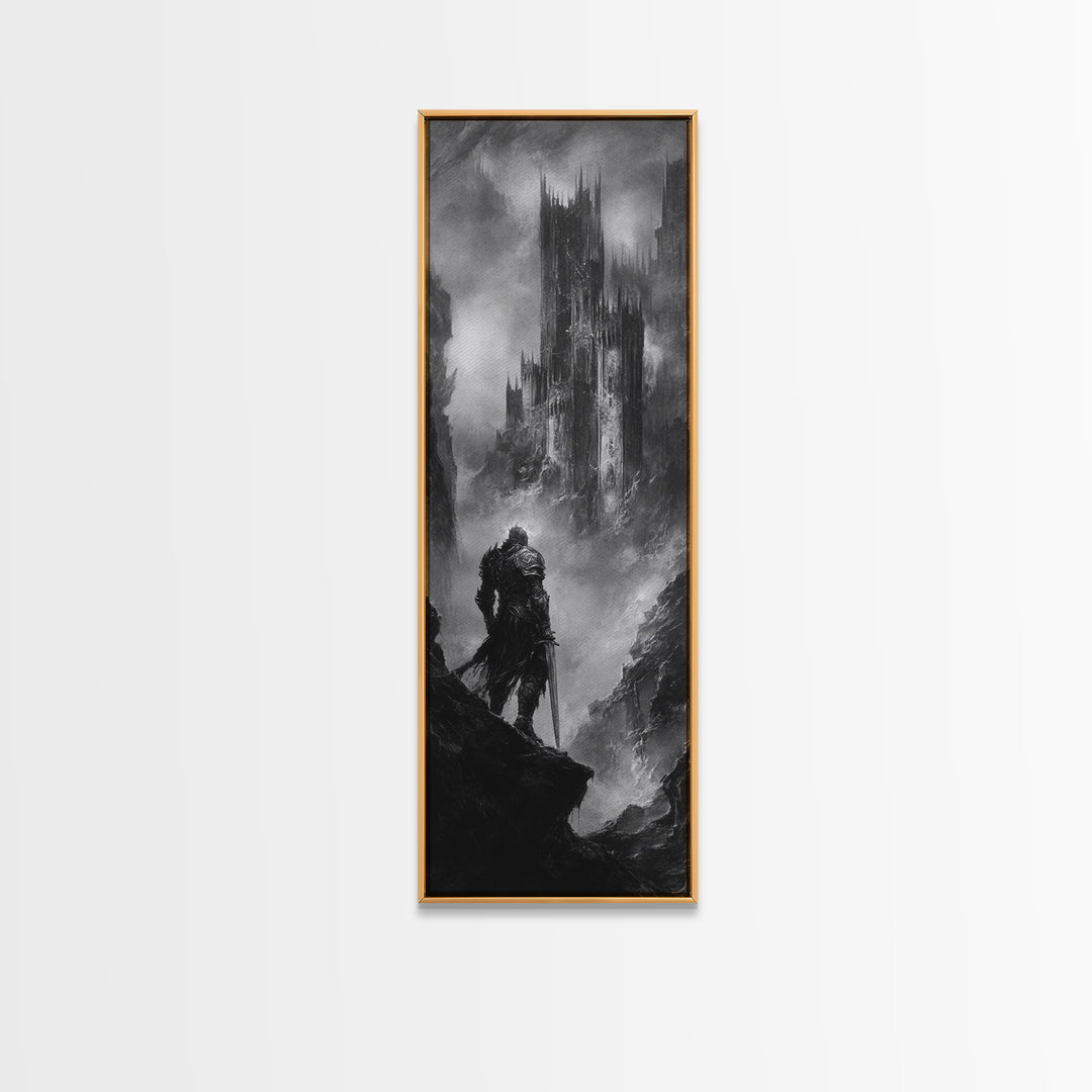 Lone Warrior Before Dark Gothic Castle Wall Art, Black And White Fantasy Landscape Print, Medieval Dungeon Decor For Office