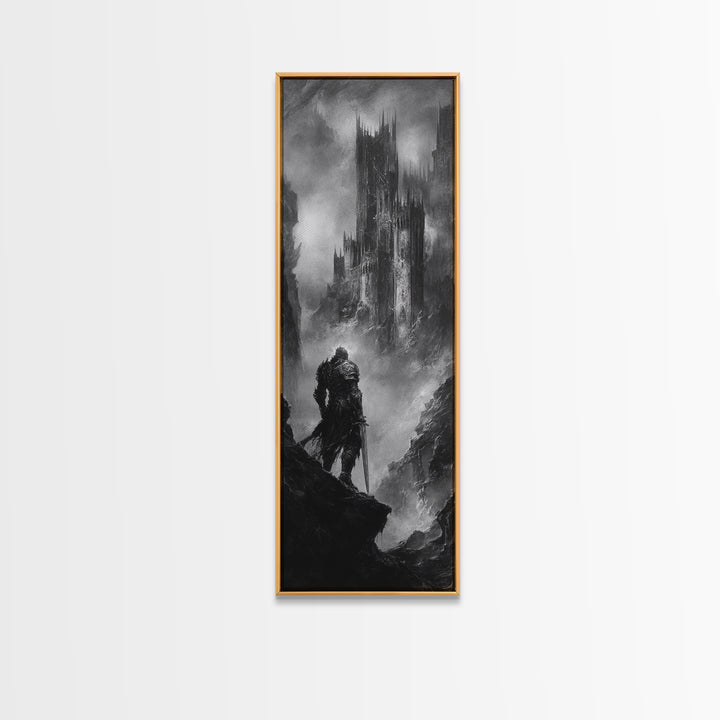 Lone Warrior Before Dark Gothic Castle Wall Art, Black And White Fantasy Landscape Print, Medieval Dungeon Decor For Office