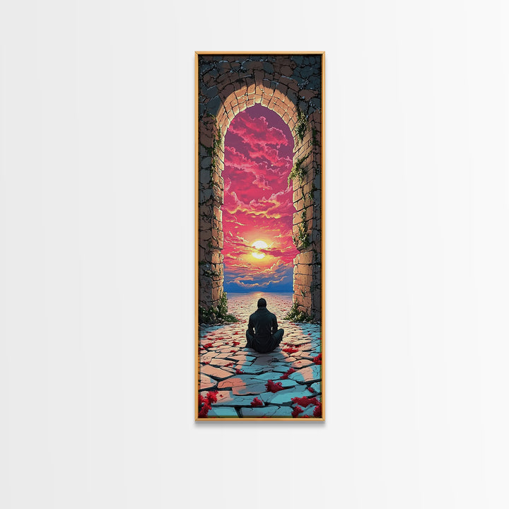 Seated Wanderer In Stone Arch Sunset Wall Art, Vibrant Fantasy Portal Canvas Print, Meditation Room Home Decor Gift For Her