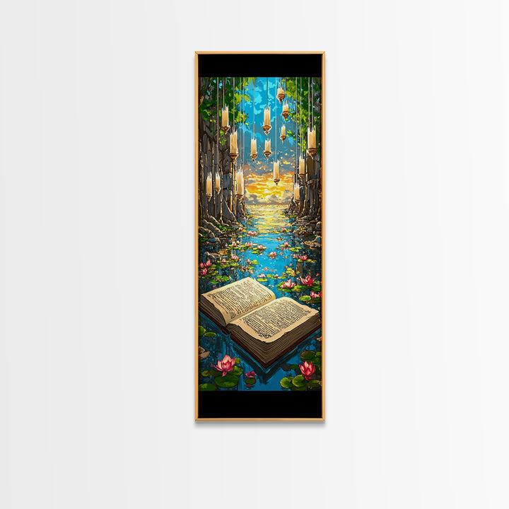 Open Book In Enchanted Lily Pond Wall Art, Magical Library Fantasy Canvas Print, Whimsical Reading Nook Decor Gift For Book Lover