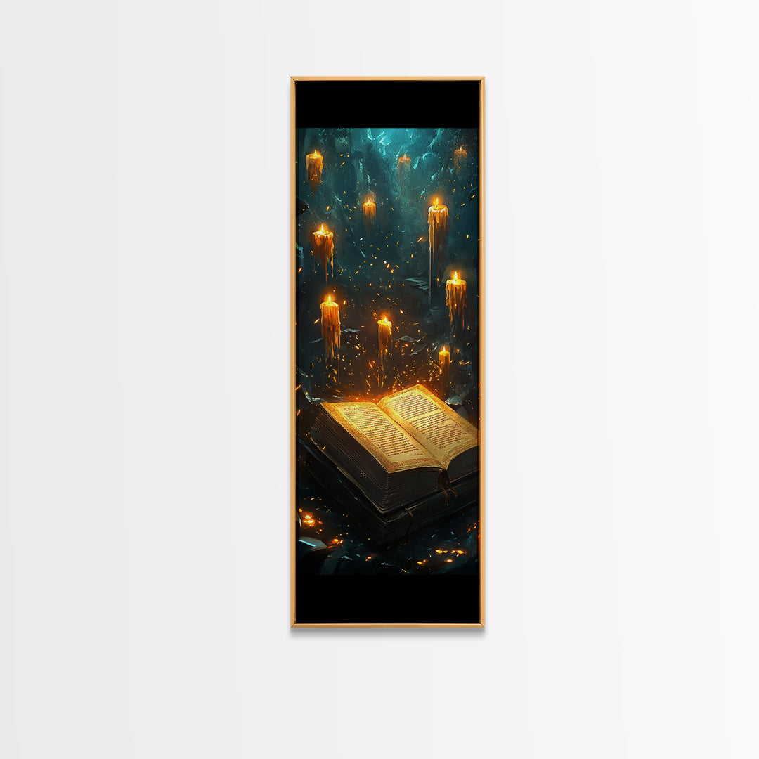 Glowing Grimoire With Floating Candles Wall Art, Dark Fantasy Library Canvas Print, Gothic Academia Home Decor Gift For Her