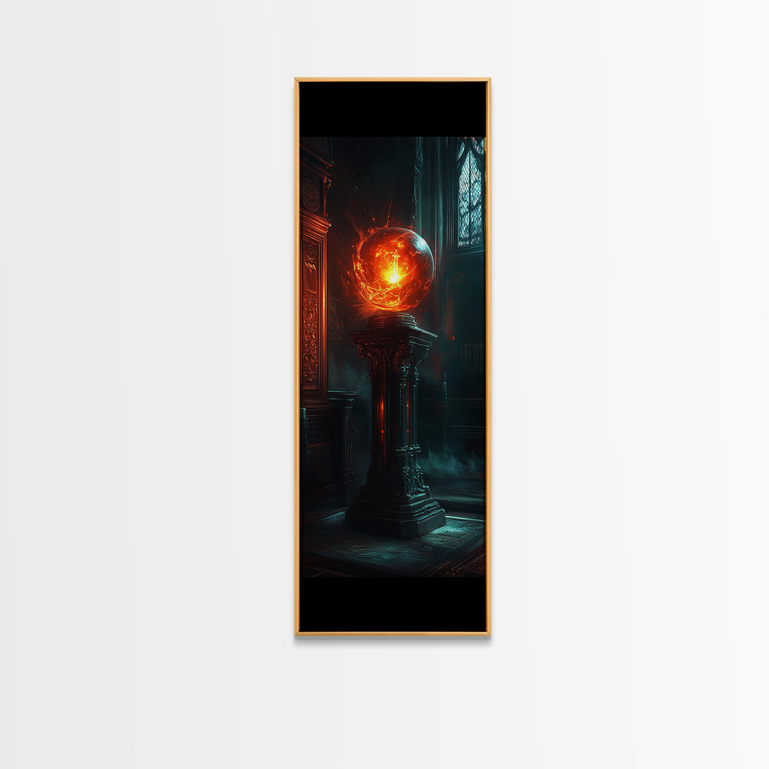 Fiery Crystal Orb In Gothic Library Wall Art, Dark Academia Fantasy Canvas Print, Mystical Office Decor Gift For Him Art