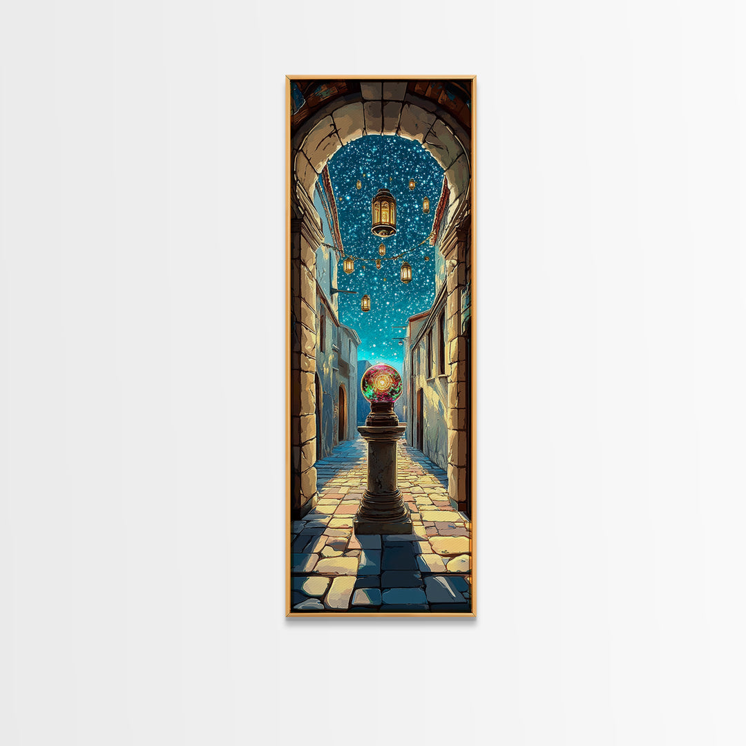 Magic Orb Beneath Starry Alley Wall Art, Whimsical Fantasy Canvas Print, Mediterranean Night Unique Home Decor Gift For Her