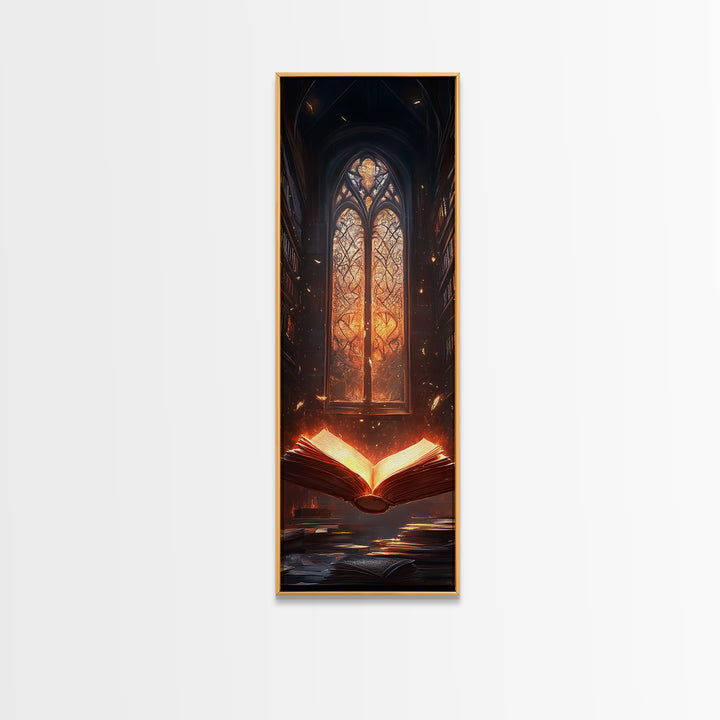 Glowing Book Before Cathedral Window Wall Art, Gothic Library Fantasy Canvas Print, Dark Academia Reading Room Decor Gift