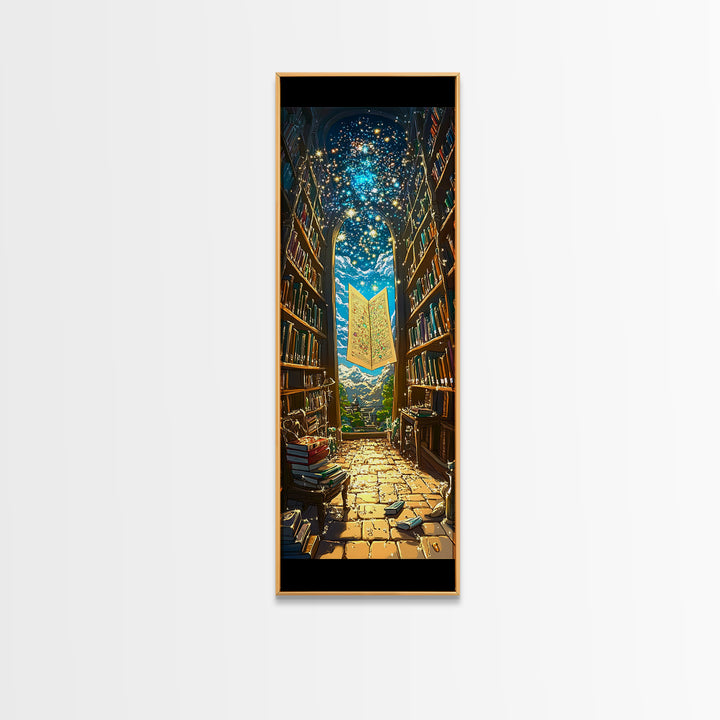 Glowing Magic Map In Towering Library Framed Canvas Print, Fantasy Wall Art, Bookish Decor, Whimsical Reader Gift, Library Poster