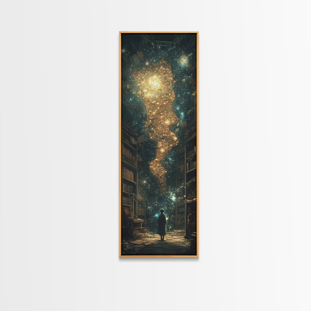 Child Beneath Cosmic Book Tower Wall Art, Dark Academia Library Decor, Celestial Fantasy Art Print, Magical Reading Gift