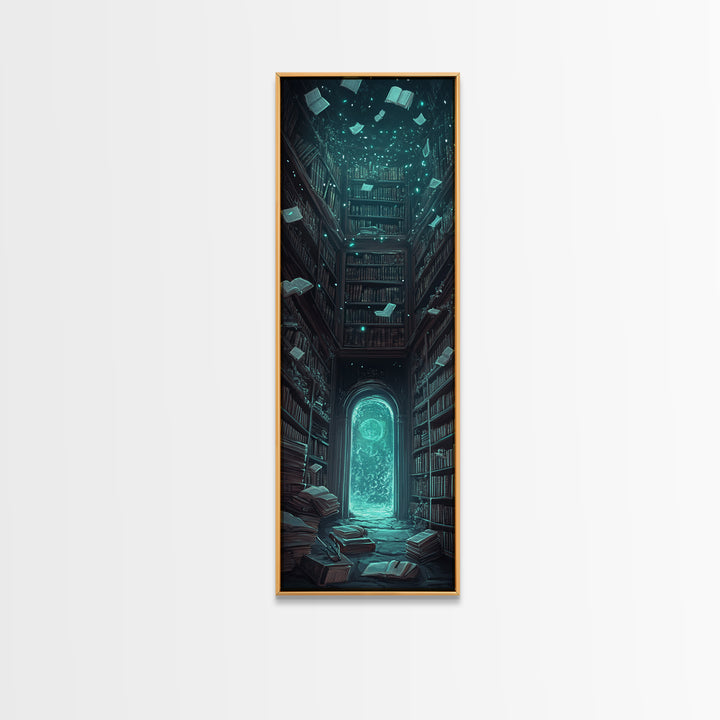Glowing Portal In Dark Library Framed Canvas Print, Gothic Wall Art, Dark Academia Decor, Fantasy Book Lover Gift, Reading Nook Decor