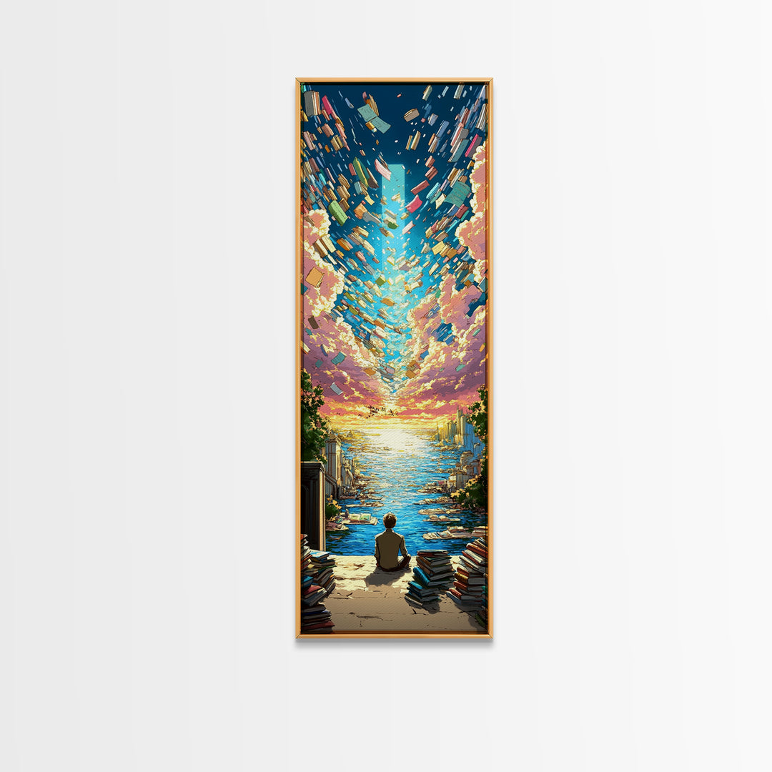 Boy Watching Books Fly Over Ocean Wall Art, Whimsical Sunset Seascape, Book Lover Gift, Colorful Coastal Home Decor Print