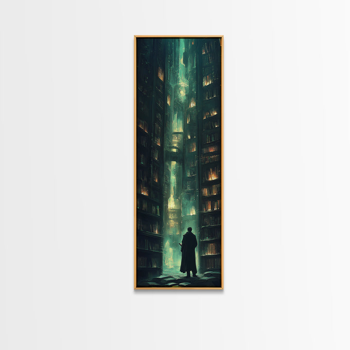 Lone Figure In Emerald Library Canyon Canvas Print, Dark Academia Wall Art, Moody Fantasy Decor, Gothic Office Wall Decor