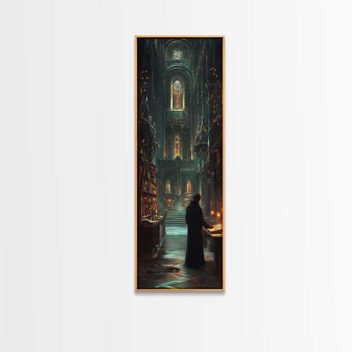 Robed Scholar In Gothic Cathedral Library Wall Art, Dark Academia Decor, Moody Fantasy Print, Candlelit Office Wall Decor