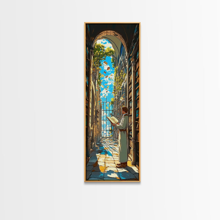 Sunlit Scholar Reading In Arched Library Framed Canvas Print, Book Lover Wall Art, Academia Decor, Literary Gift For Her