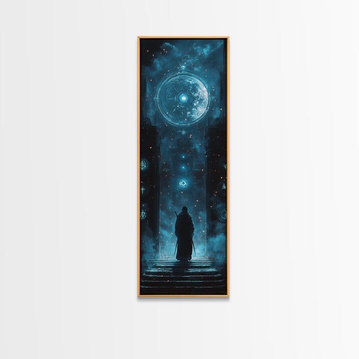 Lone Figure Before Glowing Cosmic Portal Canvas Print, Sci Fi Wall Art, Cyberpunk Decor, Futuristic Space Art For Gaming Room