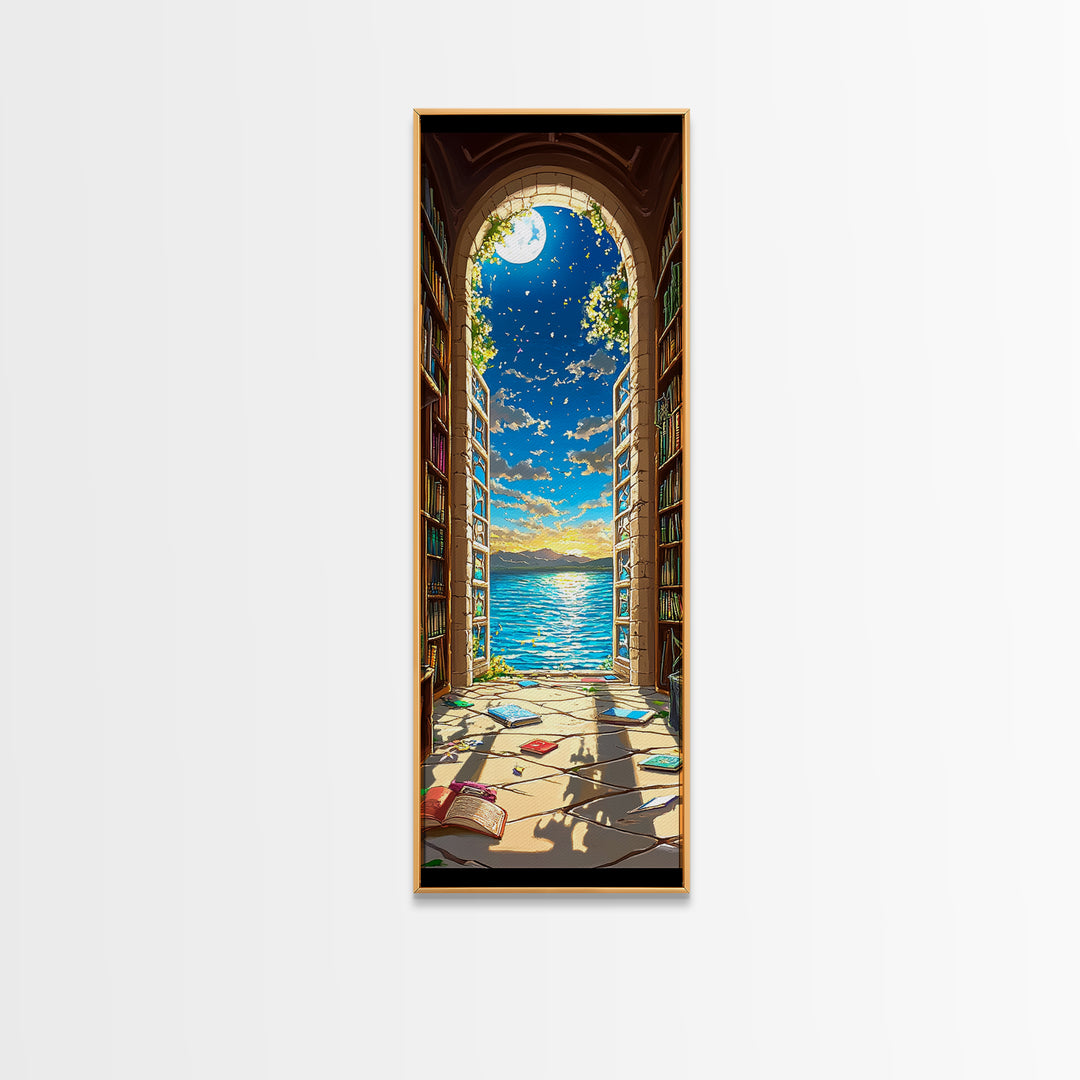 Moonlit Library Arch With Ocean View Framed Canvas Print, Book Lover Wall Art, Coastal Decor, Reading Nook Art For Cozy Home Decor
