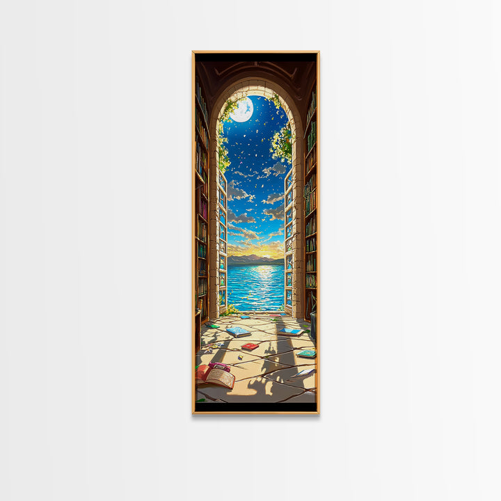 Moonlit Library Arch With Ocean View Framed Canvas Print, Book Lover Wall Art, Coastal Decor, Reading Nook Art For Cozy Home Decor
