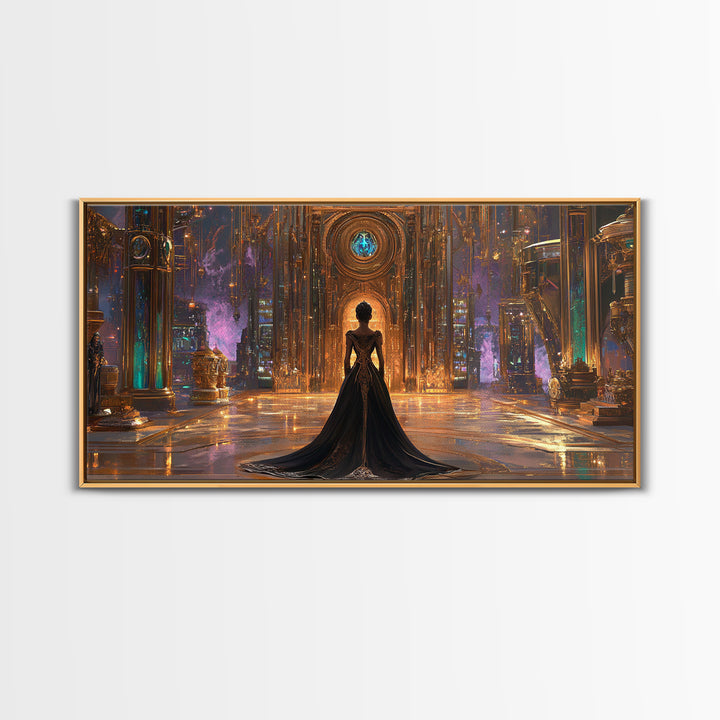 Gothic Woman In Ornate Crystal Hall Canvas Print, Dark Fantasy Wall Art, Moody Gothic Decor, Elegant Statement Artwork Gift
