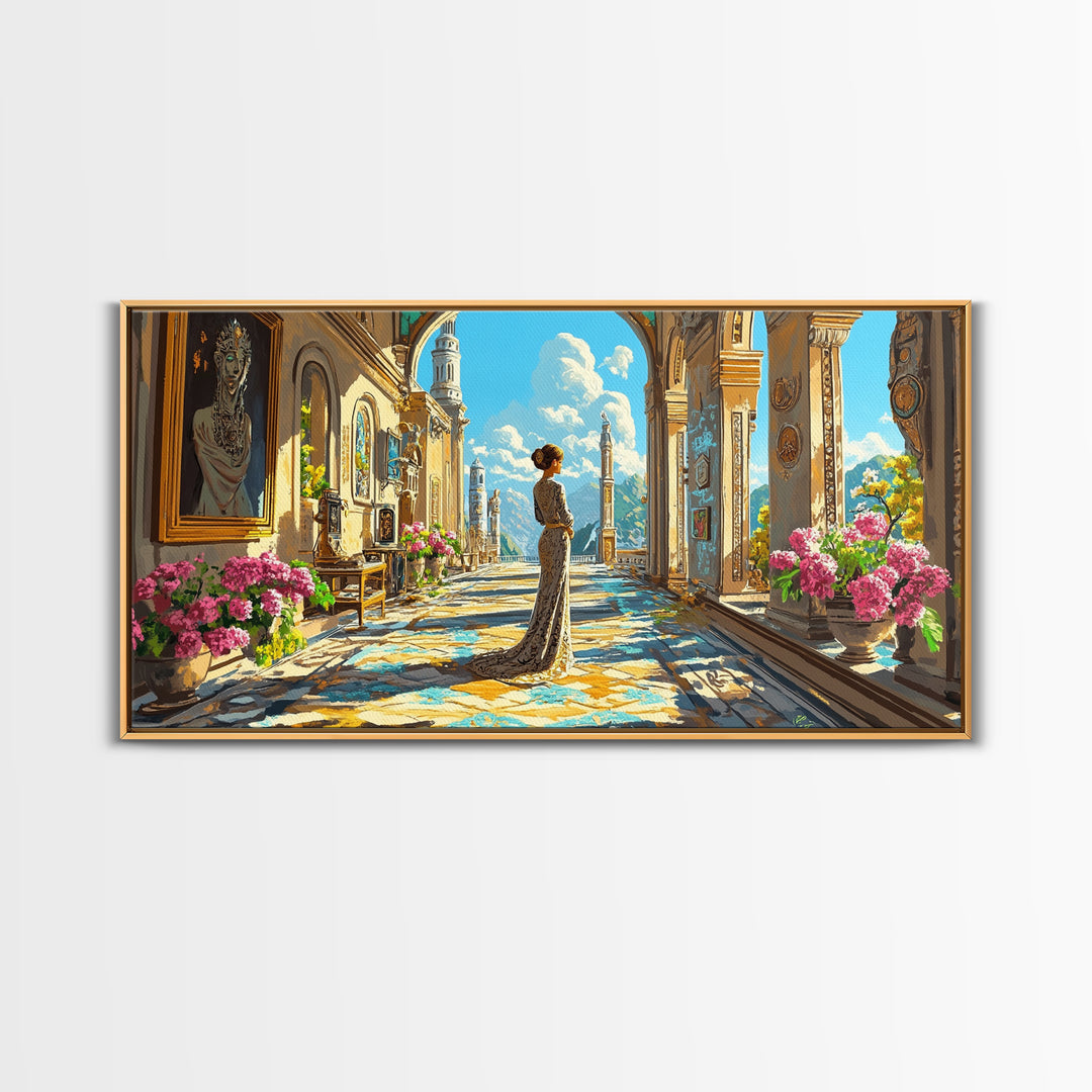 Elegant Woman In Sunlit Palace Corridor Canvas Print, Mediterranean Wall Art, Floral Decor, European Living Room Artwork Gift