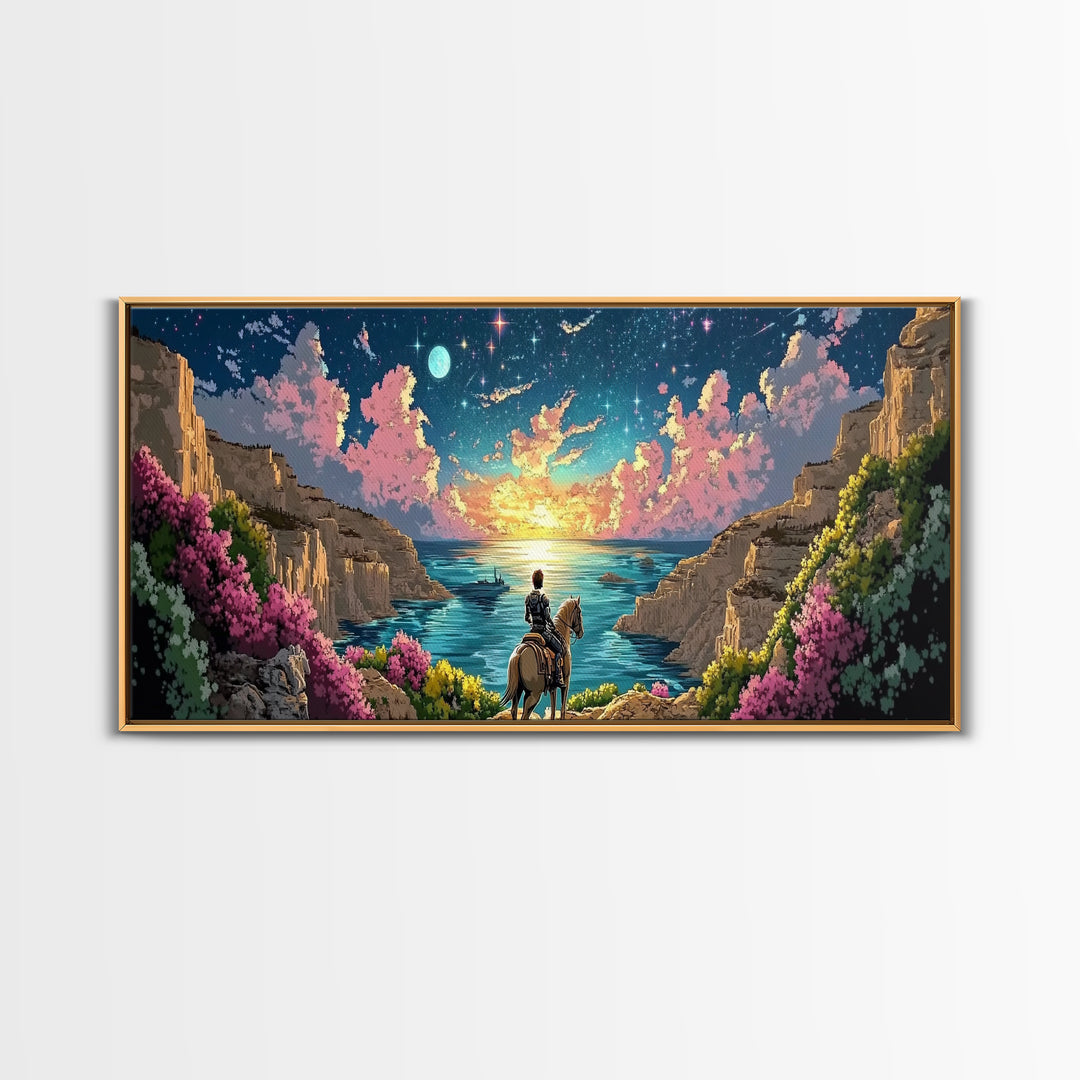 Moonlit Coastal Canyon Horse Ride Canvas Print, Fantasy Landscape Wall Art, Romantic Beach House Decor, Whimsical Gift For Her