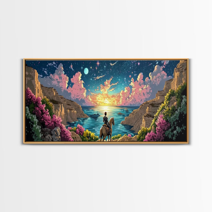 Moonlit Coastal Canyon Horse Ride Canvas Print, Fantasy Landscape Wall Art, Romantic Beach House Decor, Whimsical Gift For Her