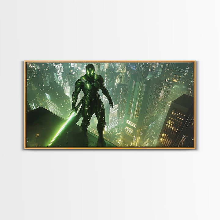 Green Cyber Warrior On Futuristic Rooftop Canvas Print, Modern Cyberpunk Wall Art, Sci Fi Gaming Room Decor, Gift For Him