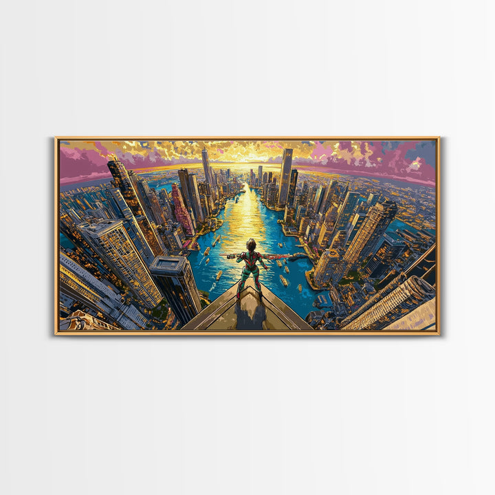 Daring Hero Above Golden Future City Framed Canvas Print, Cyberpunk Wall Art, Anime Sci Fi Decor, Large Statement Artwork
