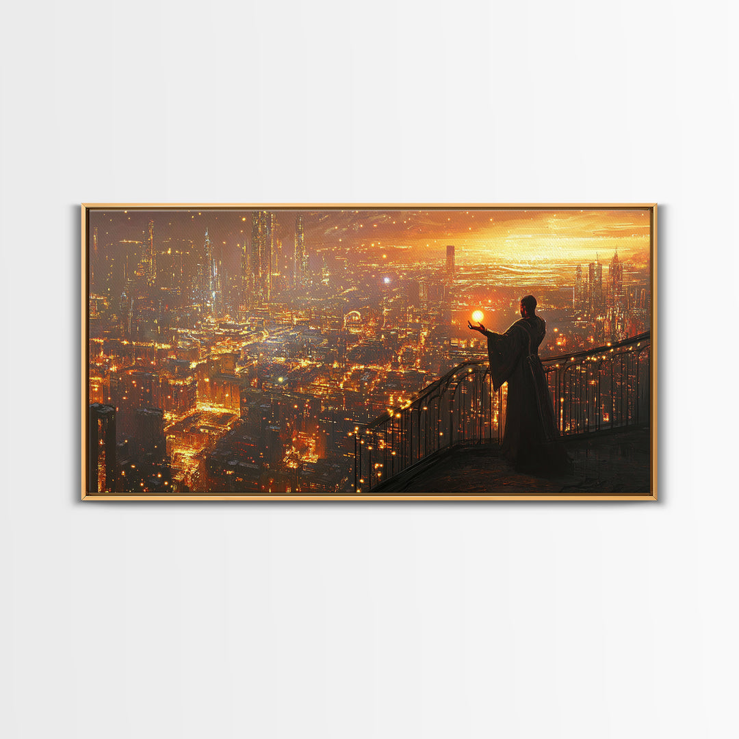 Robed Figure Holding Glowing Orb Over Dystopian City Canvas Print, Futuristic Wall Art, Golden Sci Fi Office Decor, Gift For Him