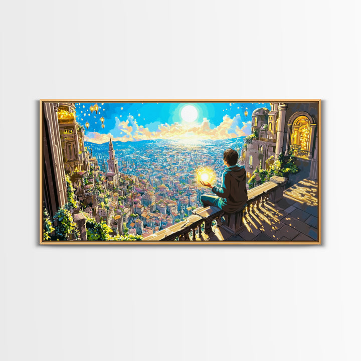Boy With Glowing Orb Above Sunlit Fantasy City Canvas Print, Whimsical Wall Art, Magical Living Room Home Decor, Gift For Her