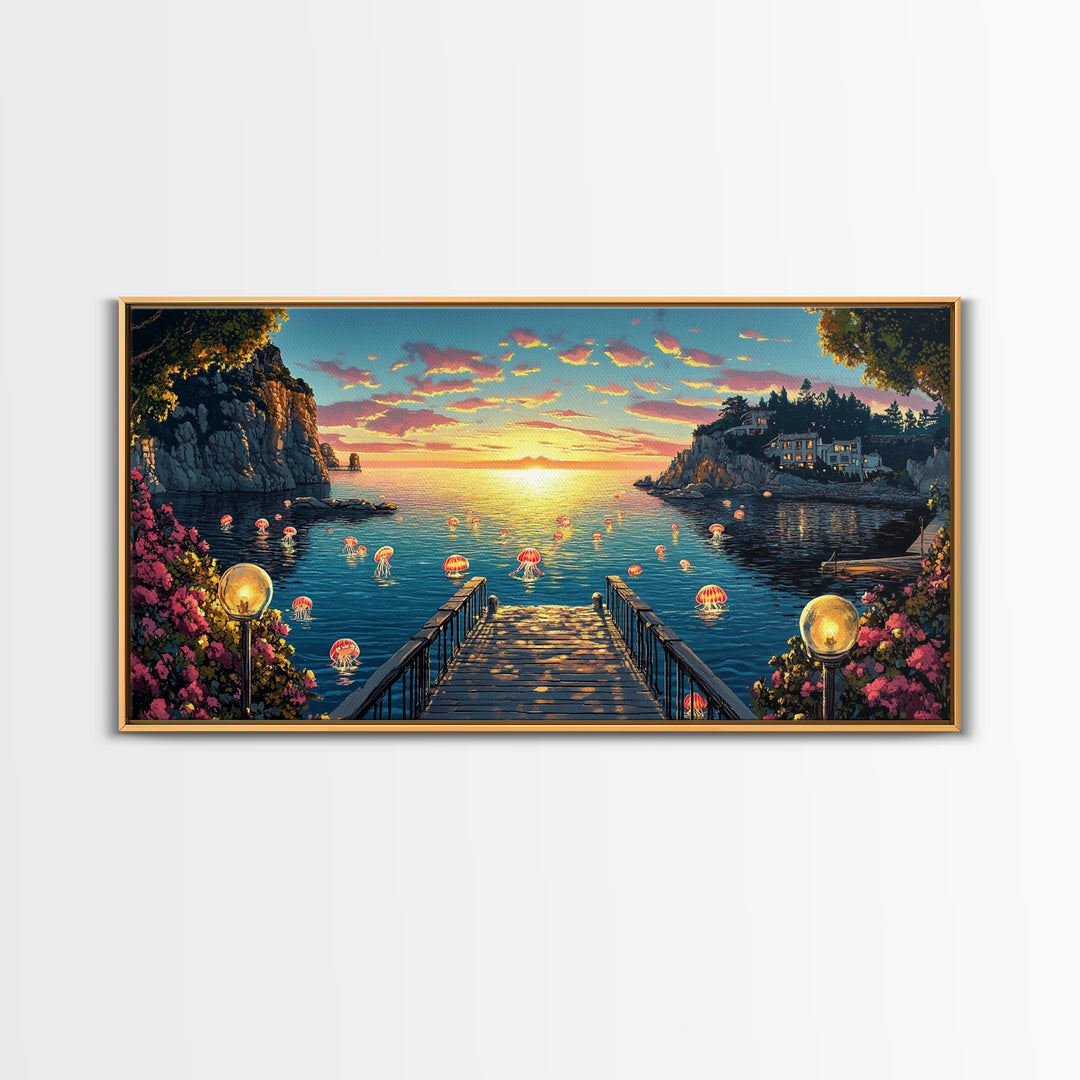 Glowing Jellyfish Cove At Sunset Canvas Print, Whimsical Coastal Wall Art, Ocean Decor, Beach House Living Room Decor, Fantasy Art