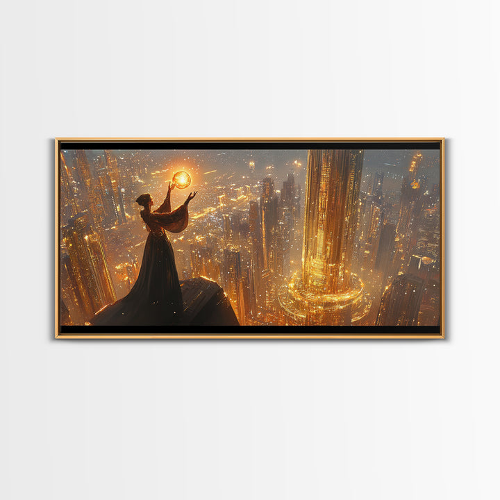 Elegant Woman Holding A Golden Orb Framed Canvas Print, Futuristic Wall Art, Sci Fi Decor, Luxury Office Statement Artwork