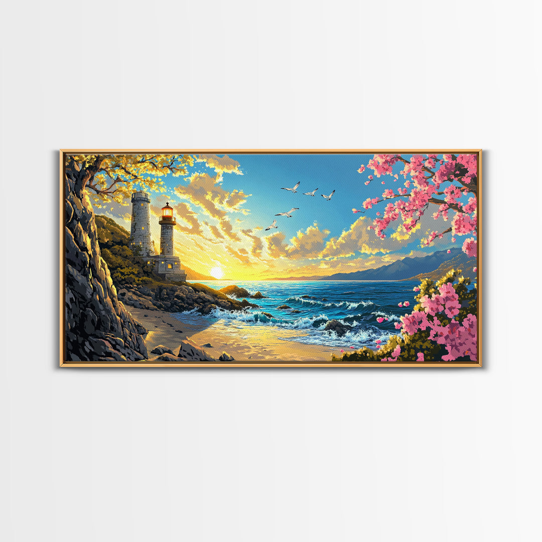 Twin Lighthouses With Cherry Blossoms At Sunrise Canvas Print, Coastal Wall Art, Beach House Decor, Nautical Living Room Art