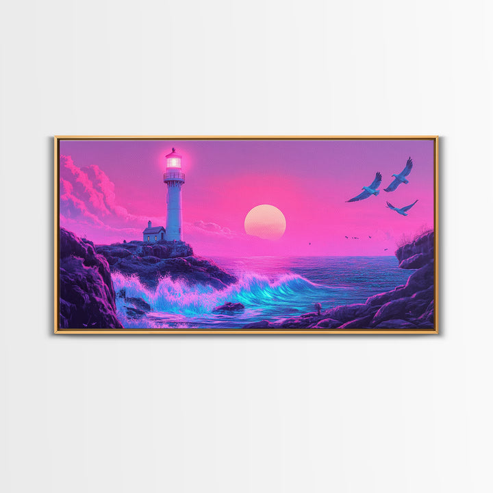 Pink Lighthouse Sunset With Turquoise Waves Framed Canvas Print, Coastal Wall Art, Vaporwave Beach Decor, Ocean Poster Print