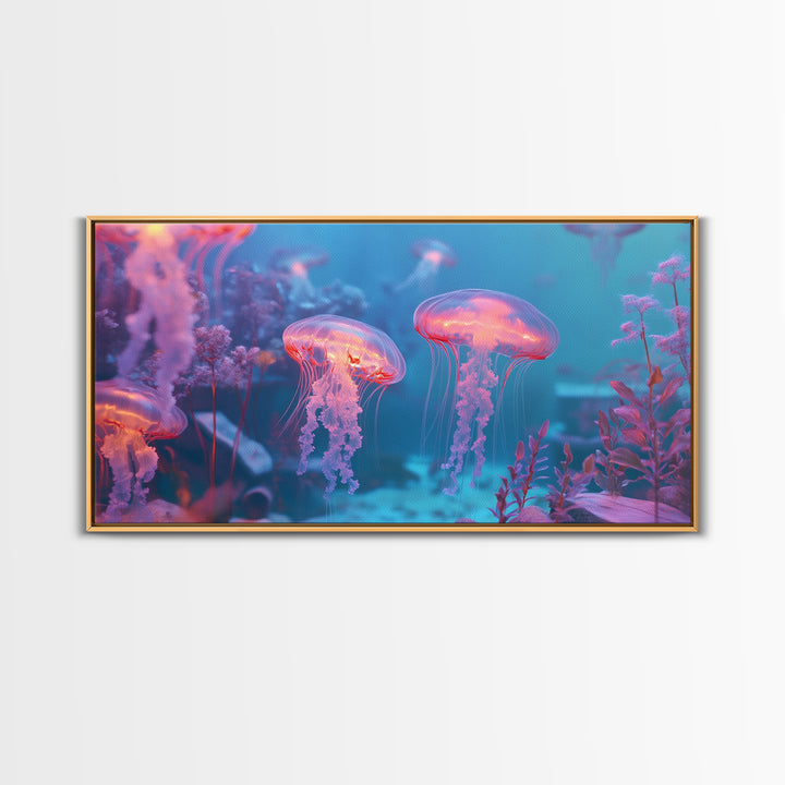 Glowing Jellyfish Garden Under Turquoise Sea Canvas Print, Underwater Wall Art, Ocean Decor, Marine Life Nursery Art Print