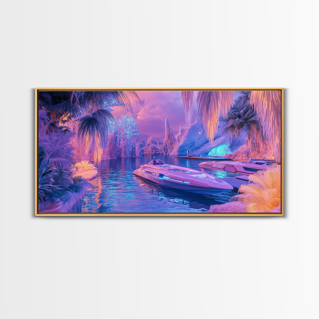 Neon Tropical Lagoon Canvas Print, Futuristic Palm Boat Wall Art, Dopamine Decor, Gaming Room Decor, Vibrant Coastal Art