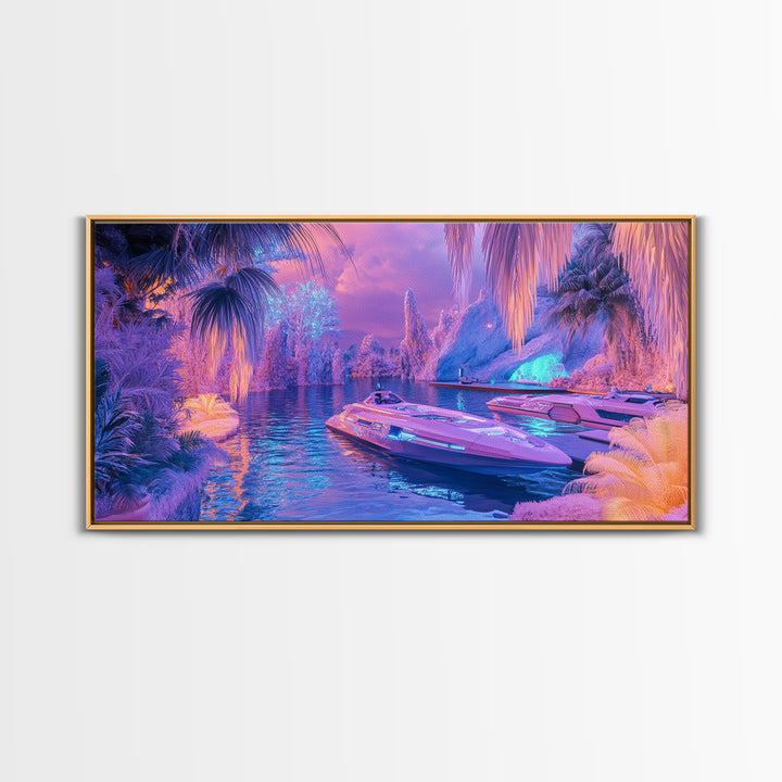 Neon Tropical Lagoon Canvas Print, Futuristic Palm Boat Wall Art, Dopamine Decor, Gaming Room Decor, Vibrant Coastal Art