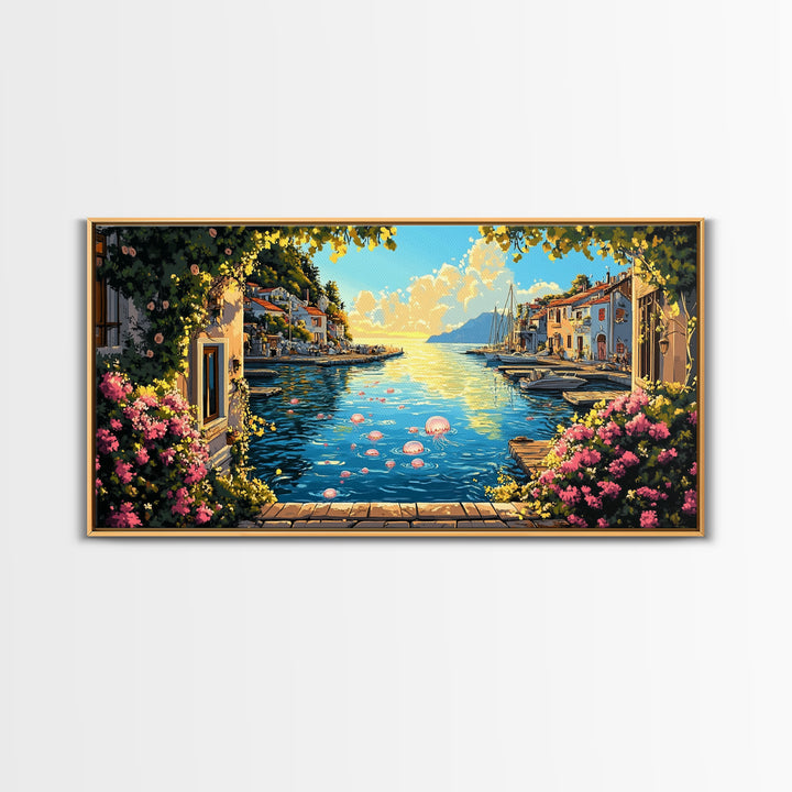 Mediterranean Flower Harbor Wall Art, Sunny Coastal Village Canvas Print, Lake Como Decor, Living Room Wall Art Gift For Her