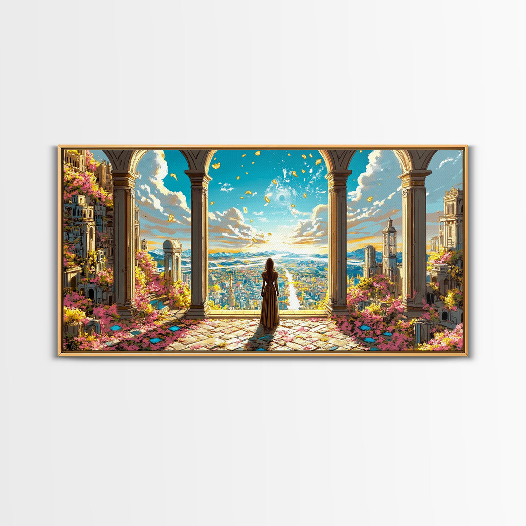 Arched Terrace Fantasy City Wall Art, Woman Over Sunlit Kingdom Framed Canvas Print, Maximalist Decor, Statement Artwork