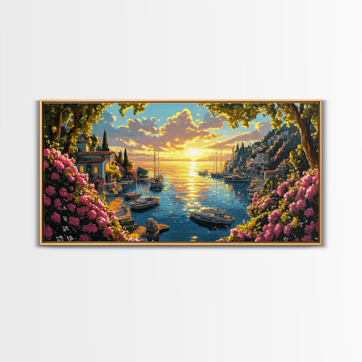 Golden Amalfi Harbor Sunset Wall Art, Coastal Village Seascape Canvas Print, Mediterranean Decor, Above Sofa Wall Art Gift