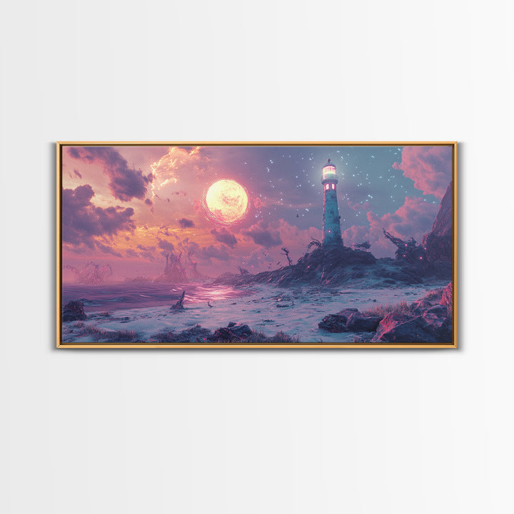 Pink Moon Lighthouse Seascape Wall Art, Fantasy Coastal Canvas Print, Moody Ocean Decor, Celestial Wall Art For Bedroom Decor