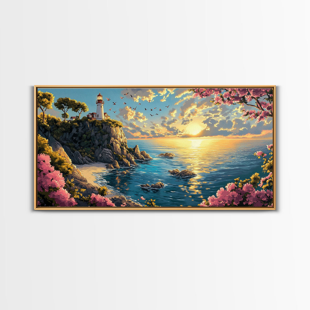 Sunlit Lighthouse Cliff Wall Art, Coastal Ocean Seascape Canvas Print, Beach House Decor, Nautical Wall Art Gift For Her