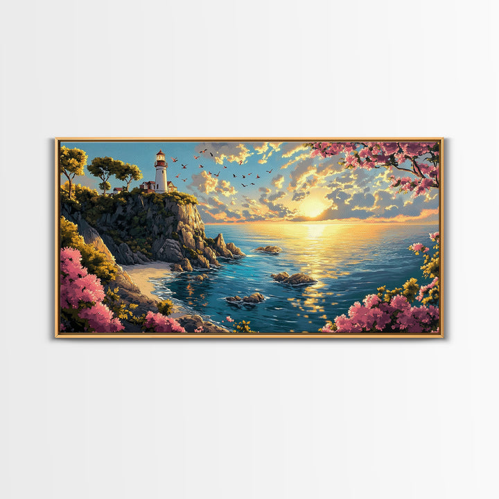 Sunlit Lighthouse Cliff Wall Art, Coastal Ocean Seascape Canvas Print, Beach House Decor, Nautical Wall Art Gift For Her