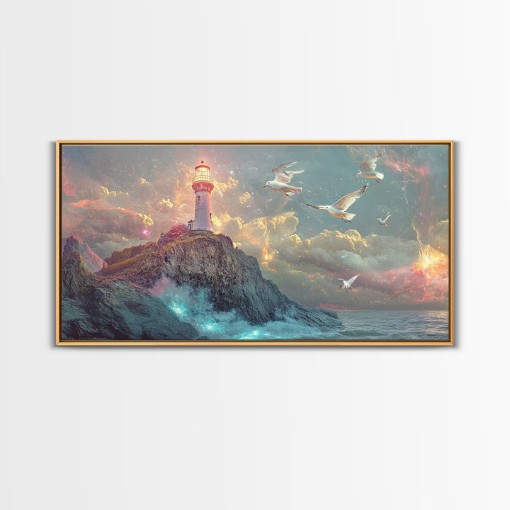 Stormy Lighthouse On Rocky Cliff Wall Art, Dramatic Seascape Framed Canvas Print, Nautical Decor, Coastal Wall Art Gift For Him