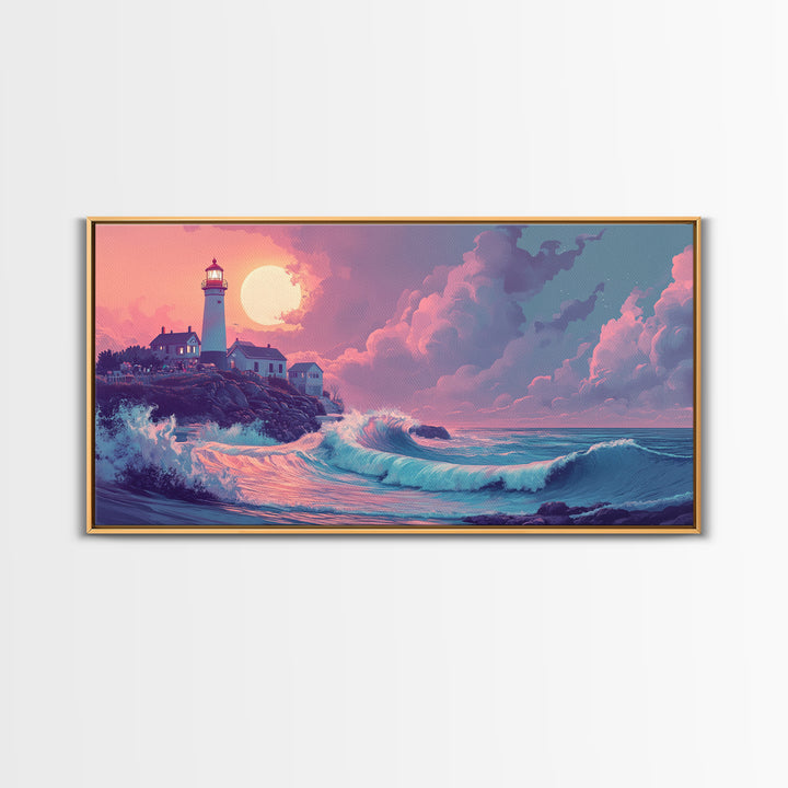 Pastel Moon Lighthouse Wave Wall Art, Dreamy Coastal Seascape Canvas Print, Beach House Decor, Pink Ocean Wall Art Gift For Her