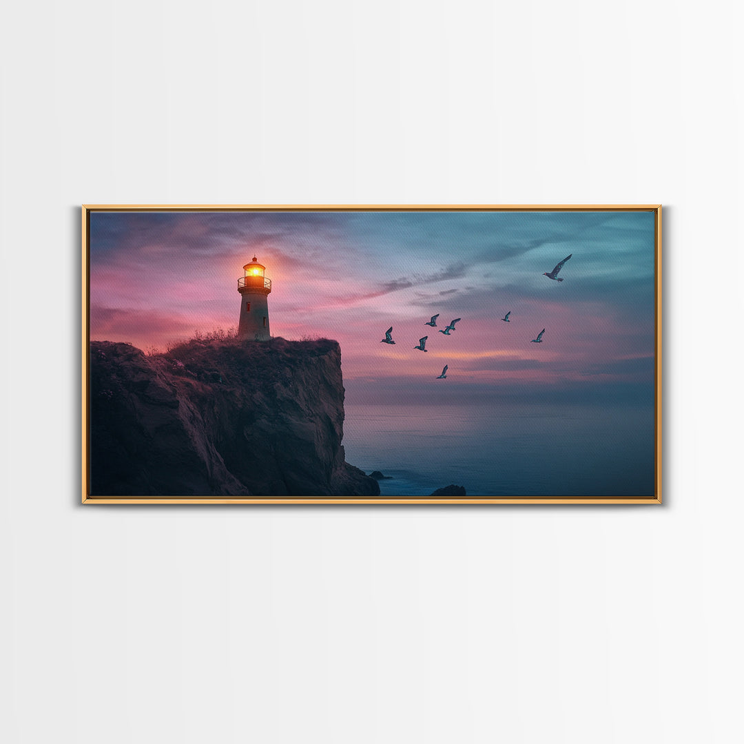 Twilight Lighthouse Cliff Wall Art, Moody Ocean Seascape Canvas Print, Nautical Office Decor, Coastal Wall Art Gift For Him