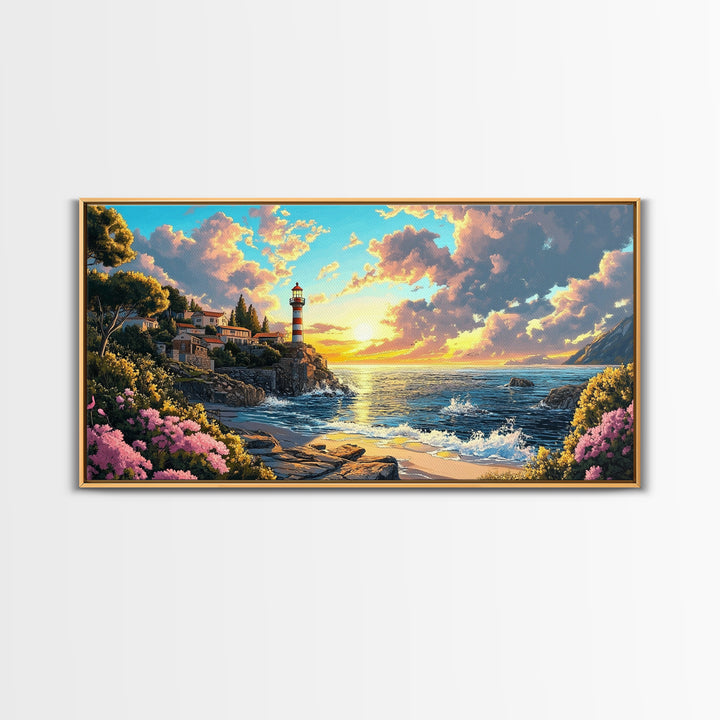 Striped Lighthouse Village At Golden Sunset Framed Canvas Print, Coastal Wall Art, Ocean Painting, Beach House Decor Gift