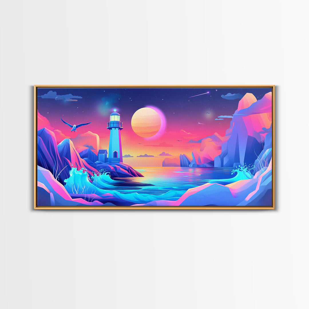 Neon Iceberg Lighthouse Under Giant Moon Canvas Print, Futuristic Wall Art, Cyberpunk Decor, Sci Fi Ocean Landscape Poster