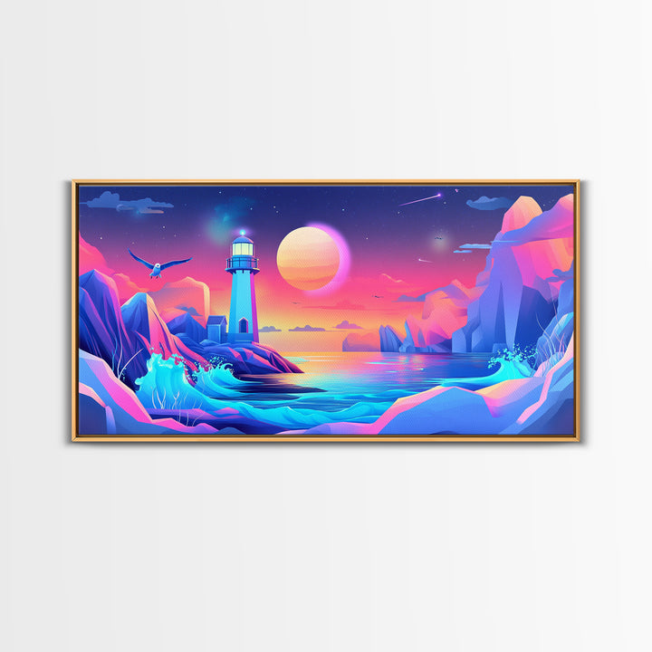 Neon Iceberg Lighthouse Under Giant Moon Canvas Print, Futuristic Wall Art, Cyberpunk Decor, Sci Fi Ocean Landscape Poster