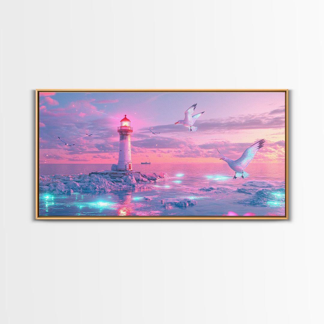 Pastel Pink Lighthouse On Glowing Sea Canvas Print, Coastal Wall Art, Dreamy Seascape, Beach Decor For Bedroom Wall Decor