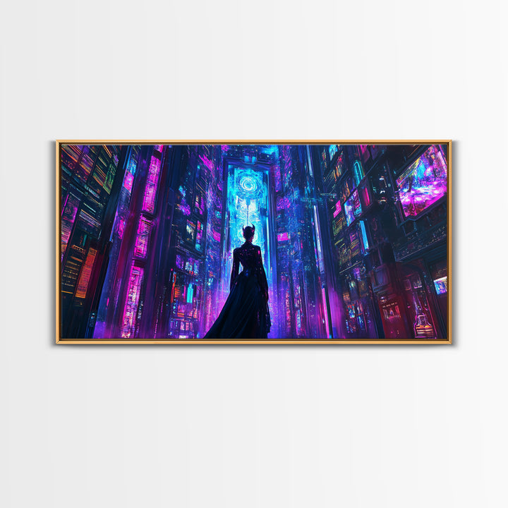 Silhouetted Woman In Neon Cyberpunk City Canvas Print, Futuristic Wall Art, Sci Fi Decor, Gaming Room Statement Art Poster